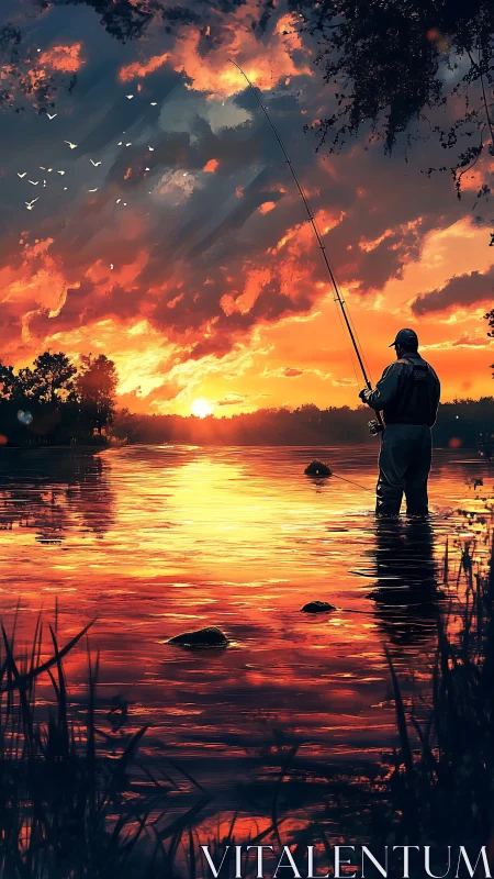 Sunset angler in glowing river shallows, vividly rendered.