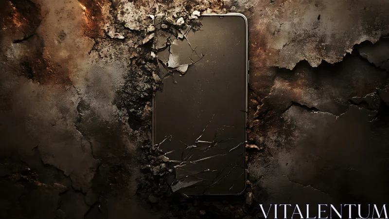 Weathered smartphone rests in crumbling stone and burnt metal
