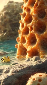 Cheerful sponge character explores glowing coral canyon at sea