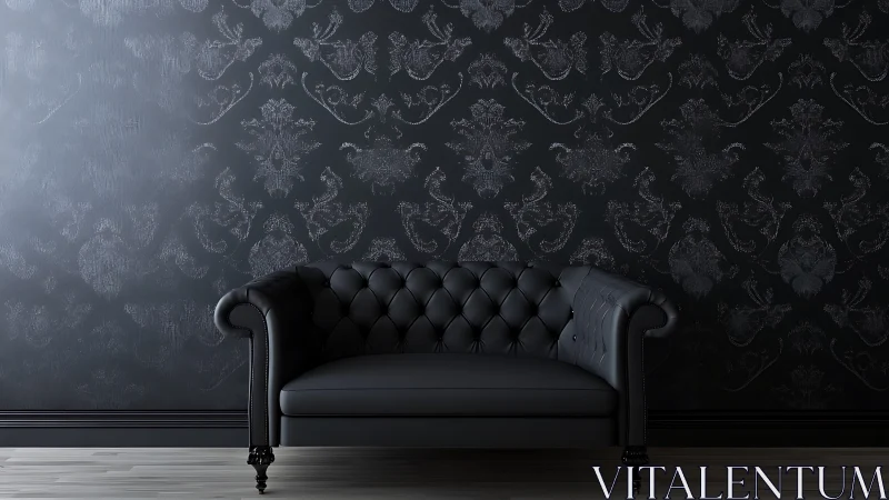 Black leather Chesterfield sofa anchors dark damask room.