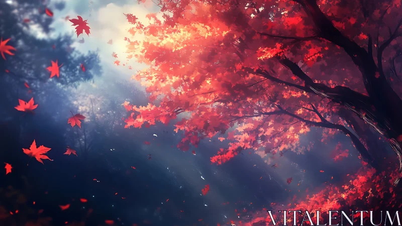 Red maple tree dominates forest clearing under soft light