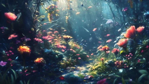 Luminous enchanted forest path with radiant fantasy blooms.