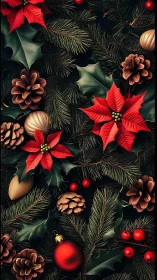 Holiday evergreens with poinsettias, cones and ornaments.