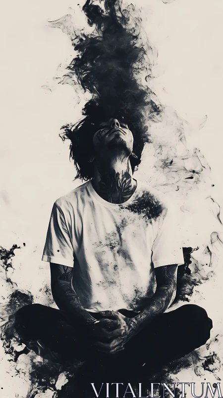 Tattooed figure exhales swirling black smoke in meditation