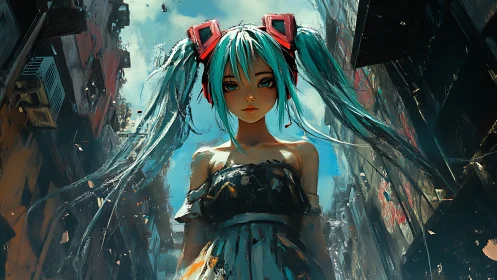 Cyan haired girl stands in ruined alley under harsh daylight