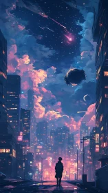 Neon cityscape under cosmic sky with lone silhouetted figure.