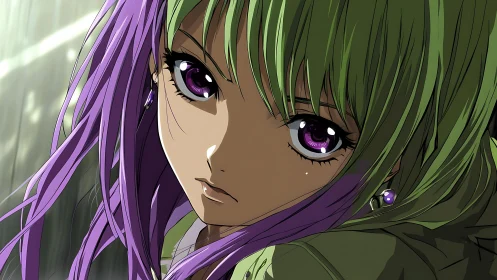 Oblique anime portrait with chromatic hair and specular eyes.