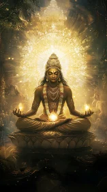 Radiant meditative deity with concentric golden halo and lotus base