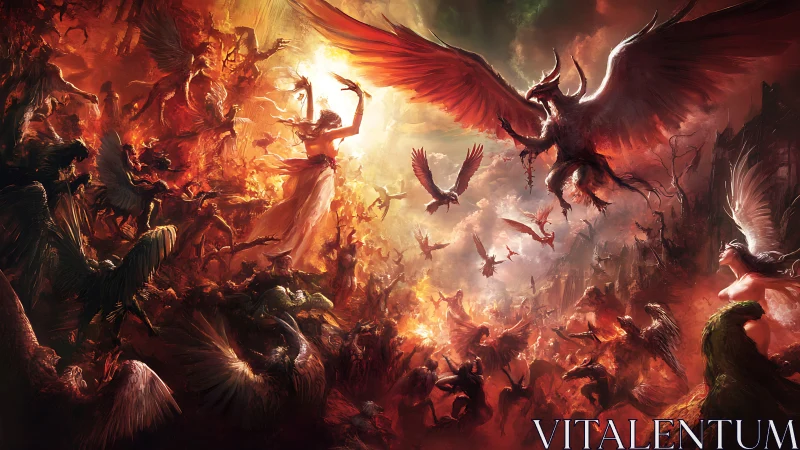 Angelic and demonic armies clash over burning apocalyptic sky