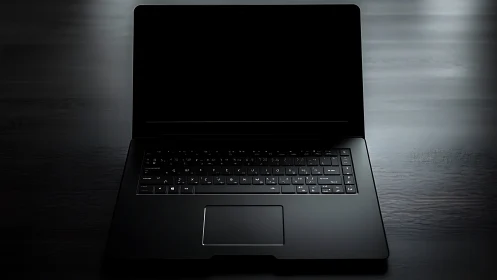 Quiet black laptop waits on a sleek dark wooden desk