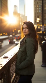 Woman stands on urban bridge in backlit evening traffic