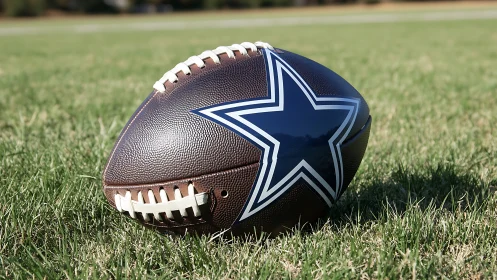 Leather football with blue star logo rests on grass field