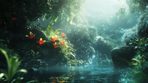 Luminous jungle pool with volumetric light and bioluminescent motes