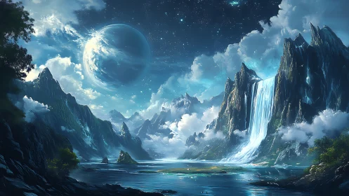 Exoplanetary ocean valley under twin cascades and starfield