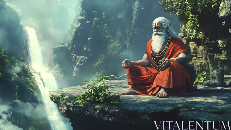 Serene mountain sage meditates above a misty waterfall