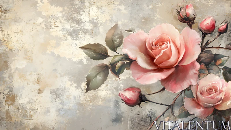 Pink Roses on Distressed Plaster Background.