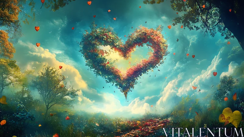 Heart Cloud Ascends Through Golden Forest Sky.