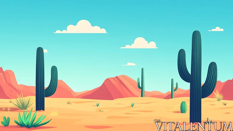 Stylized desert landscape with cacti and distant red mesas.