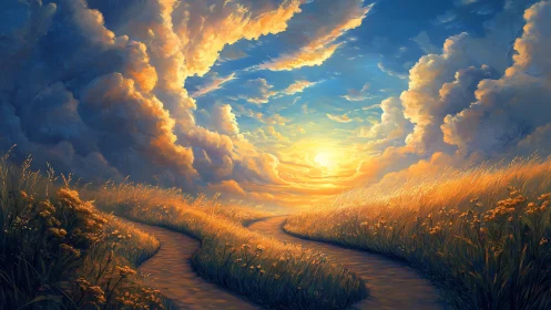 Curving dirt paths through fields toward bright sunset sky.
