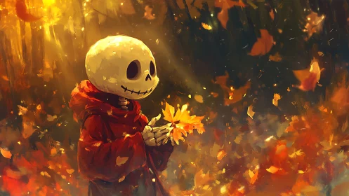 Skeleton child in red cloak studies autumn leaves under diffuse light