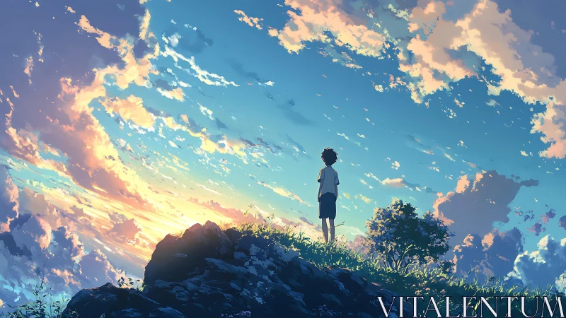 Boy watches glowing sunset sky from a windswept hilltop
