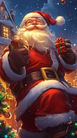 Warm-lit digital Santa portrait with gifts, snow and bokeh highlights