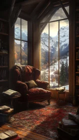 Winter reading nook with mountain view and red armchair.