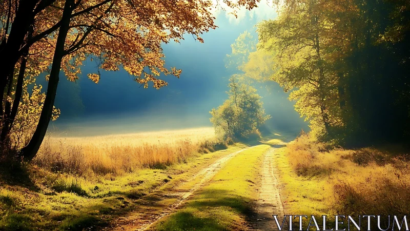 Radiant rural path under volumetric autumn backlighting.