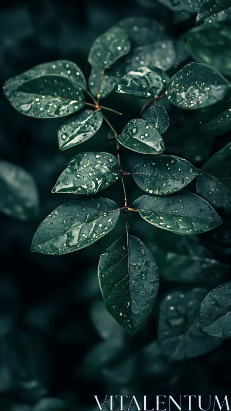 Wet green leaves in closeup against dark blurred foliage.