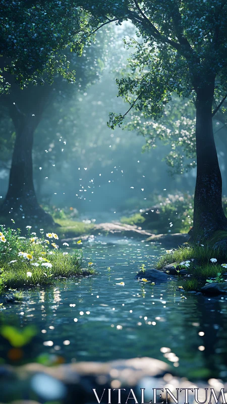 Enchanted Forest Stream Bathed in Ethereal Sunlight