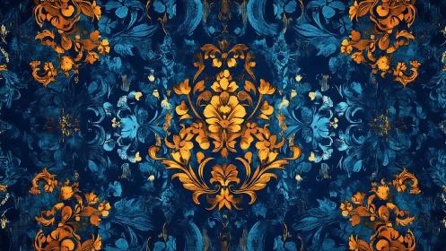 Baroque floral damask with mirrored gold and cyan ornamental symmetry