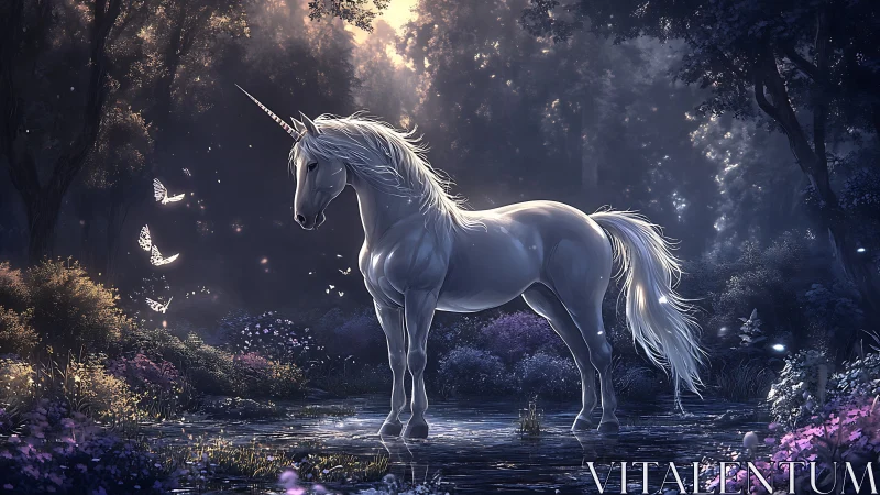 Luminous unicorn in bioluminescent woodland pool at twilight.