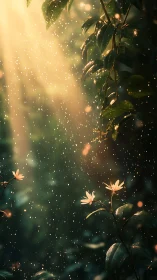 Sunlit woodland blossoms amid drifting golden dust motes.