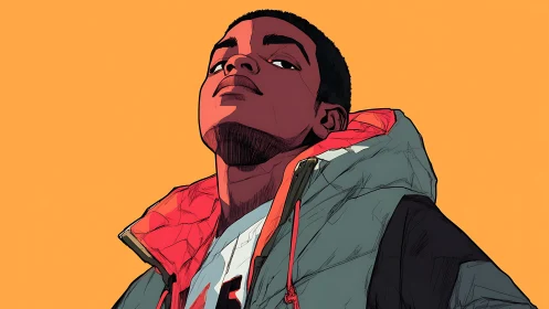 Confident young man in hooded jacket on bold orange background.