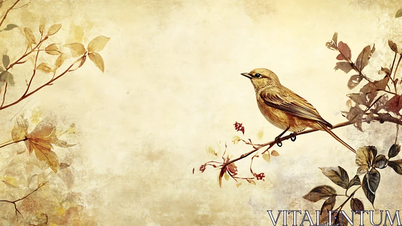 Songbird on autumn branch over textured parchment field.