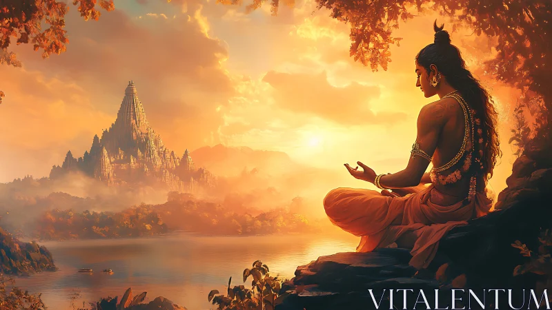 Meditative sage overlooking golden temple valley at sunrise.