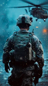 Backlit combat soldier under rotor wash and embers at dusk