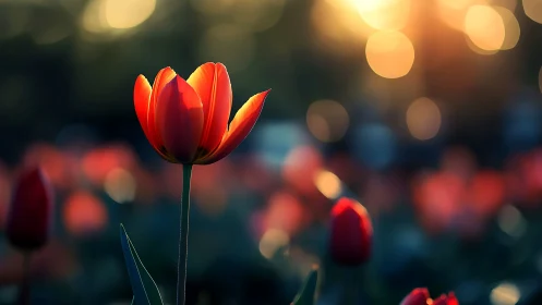 Red Tulip in Sharp Focus Against Blurred Background