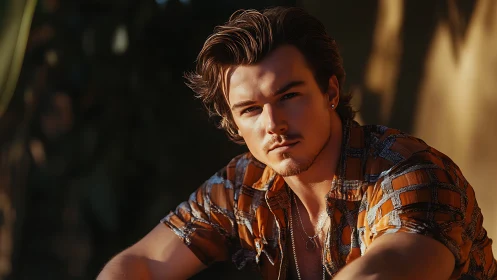 Moody portrait under golden hour light with patterned shirt.