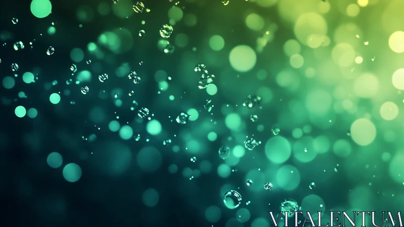 Glowing aqua bokeh orbs surround crisp suspended droplets