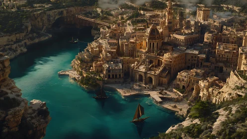 Coastal fantasy city with domed palace above turquoise bay.
