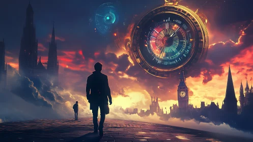 Timewalker above London: surreal clockstorm over twilight streets.
