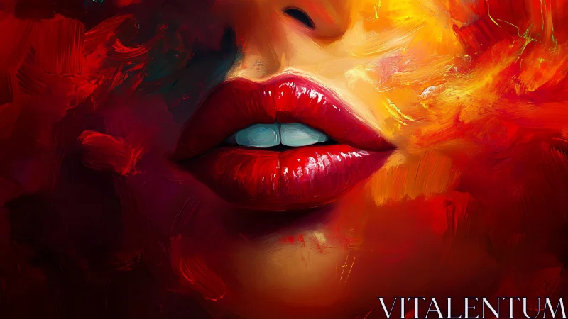 Luminous red lips glowing in a swirl of fiery color.