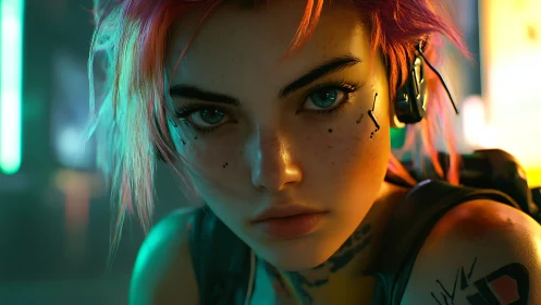 Cyberpunk heroine stares ahead in neon haze and quiet resolve
