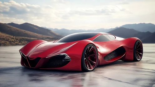 Futuristic red supercar glides across a vast open landscape.