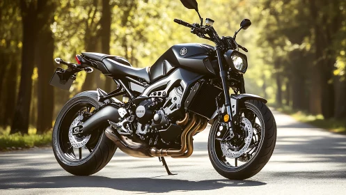 Sport naked motorcycle parked on sunlit forest road.