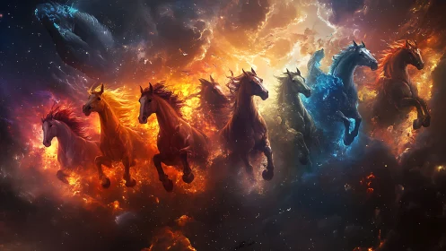 Elemental cosmic horses charge across a blazing nebula sky