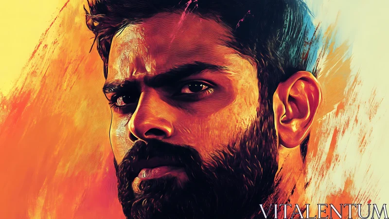 Digital portrait of bearded man with intense side lighting.