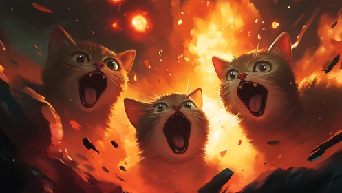 Three Delighted Cats Caught in a Fiery Explosion of Joy.