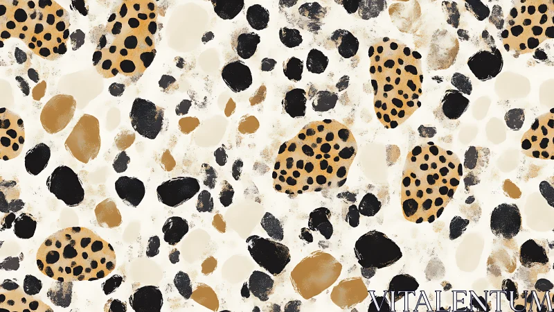 Abstract leopard print pattern with scattered ink spots.